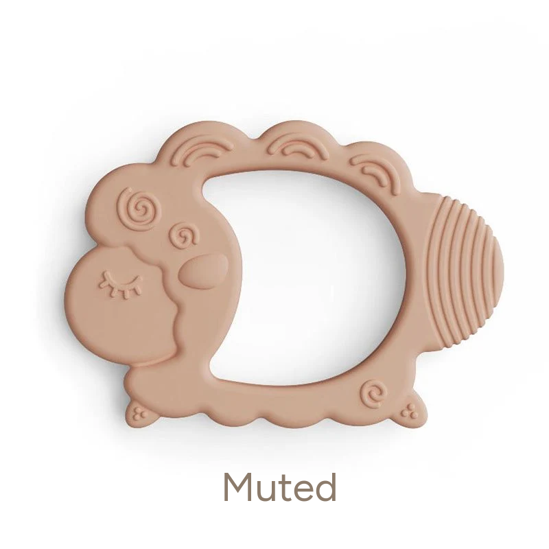 NARA silicone lamb teether in Muted — warm dusty rose colourway with textured ridged tail for soothing sore gums