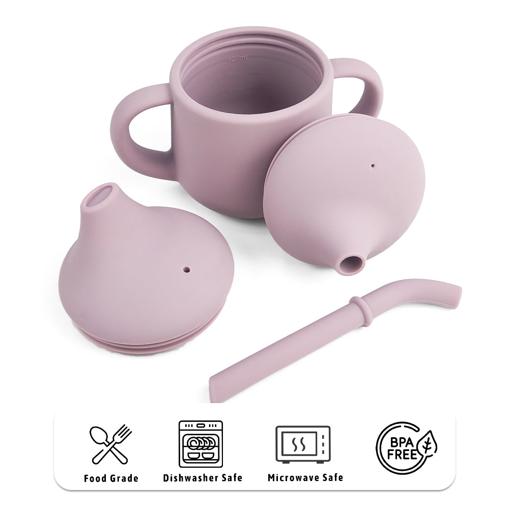 NARA Silicone 3-in-1 Infant Cup components in Pale Mauve — food grade, dishwasher safe, microwave safe, BPA free