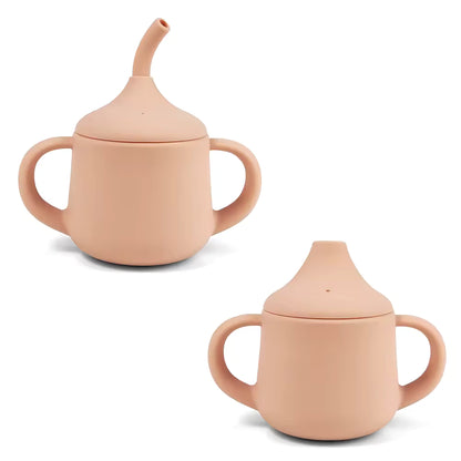 NARA silicone 3-in-1 training cup in Neutral Beige showing straw lid and sippy lid configurations