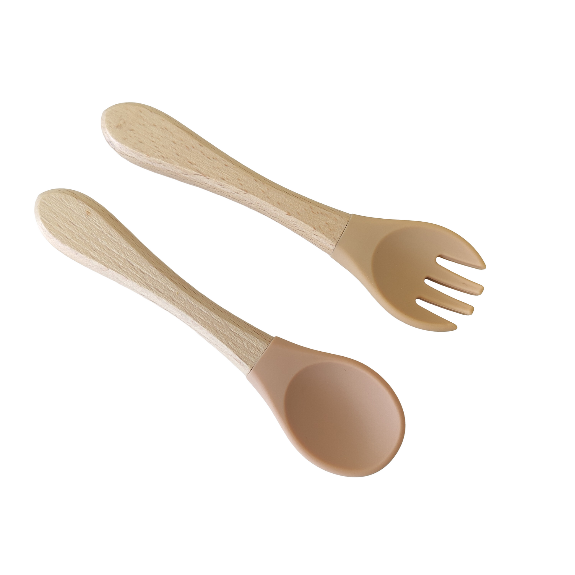 NARA Personalised Spoon & Fork Set in Neutral Beige — silicone tips with natural beechwood handles, white background