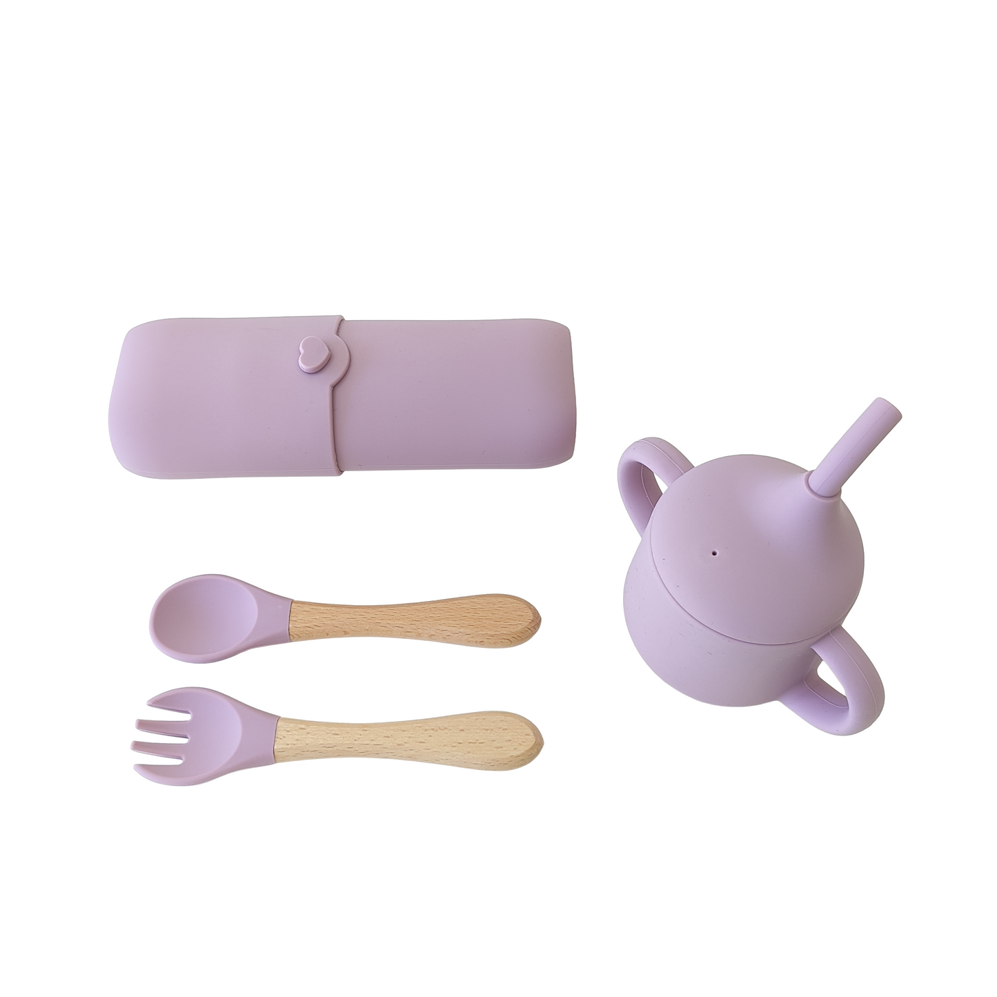 NARA Roly-Poly Stacker & Feeding Gift Set components in Pale Mauve — silicone sippy cup with straw lid, cutlery case, and spoon and fork with natural beechwood handles, white background