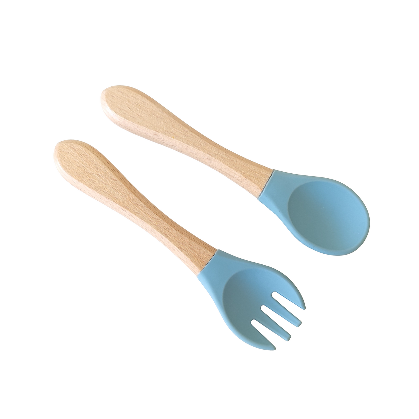 NARA Personalised Spoon & Fork Set in Ether — silicone tips with natural beechwood handles, white background