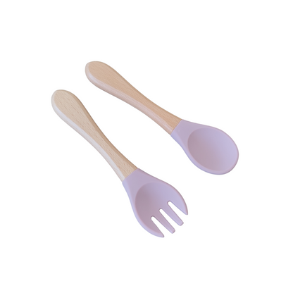 NARA Personalised Spoon & Fork Set in Pale Mauve — silicone tips with natural beechwood handles, white background