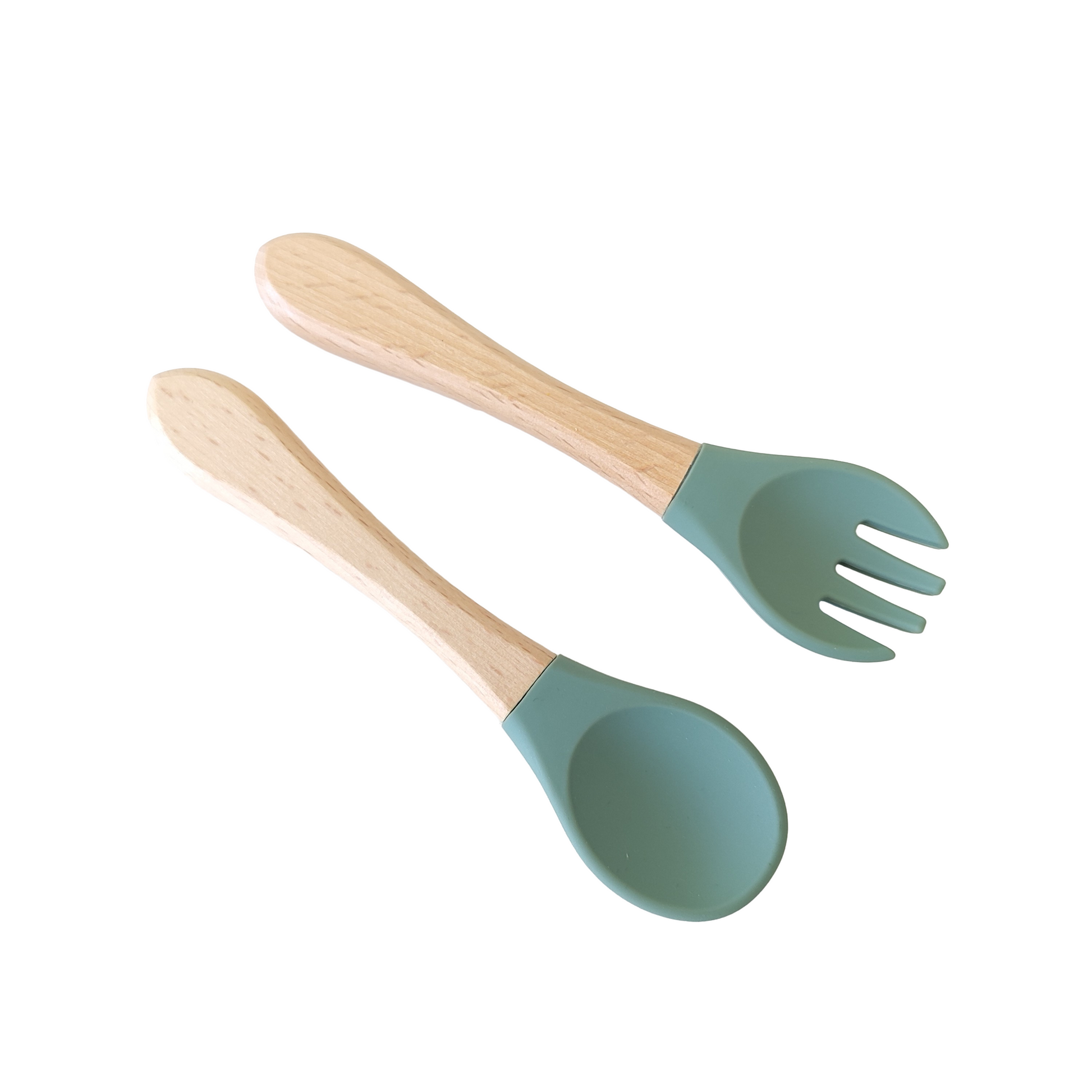 NARA Personalised Spoon & Fork Set in Sage Green — silicone tips with natural beechwood handles, white background