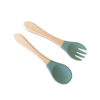 NARA Personalised Spoon & Fork Set in Sage Green — silicone tips with natural beechwood handles, white background