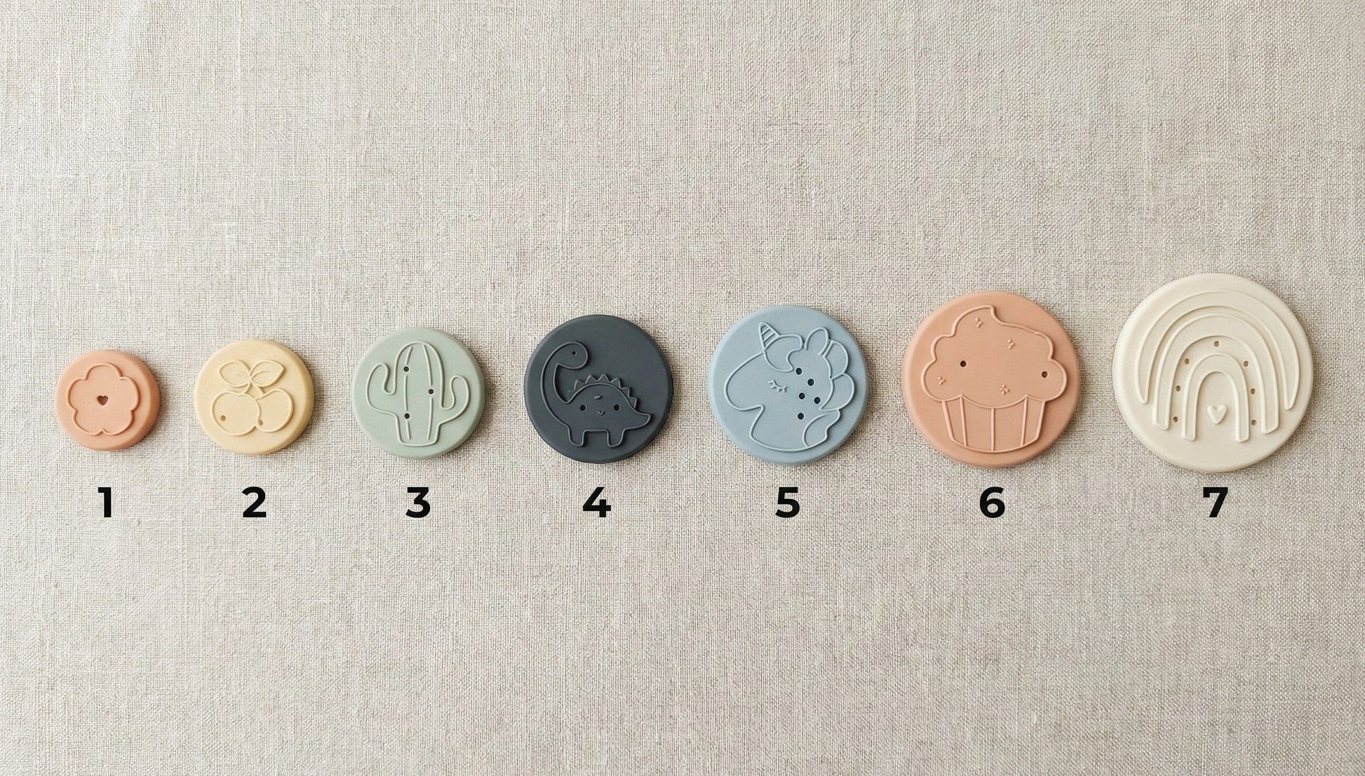 NARA Silicone Stacking Cups — 7 embossed patterns: flower, cherry, cactus, dinosaur, unicorn, cupcake, rainbow