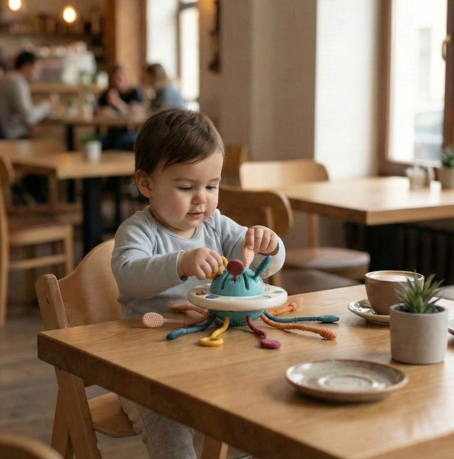 Toddler playing with NARA UFO Pulling Toy at a café table — on-the-go sensory play