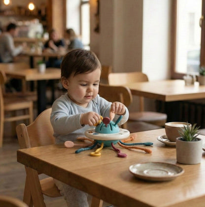 Toddler playing with NARA UFO Pulling Toy at a café table — on-the-go sensory play