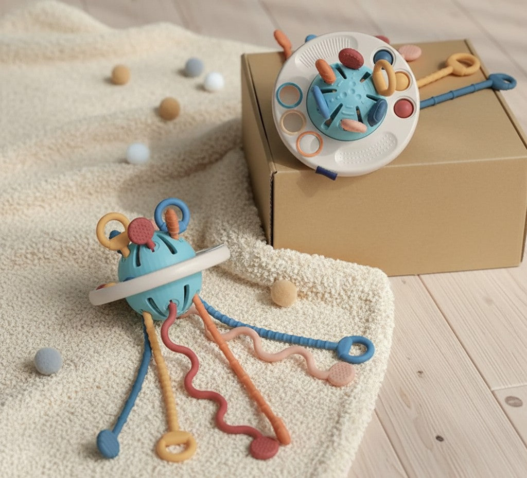 NARA UFO Pulling Toy shown alongside its packaging on a cream textured surface