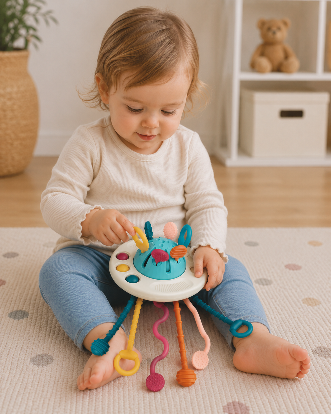 Toddler sitting on a play mat exploring the NARA UFO Pulling Toy at home