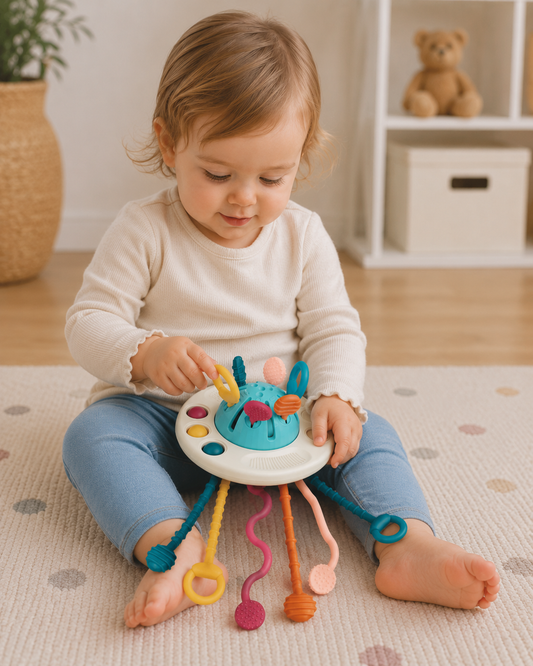 Toddler sitting on a play mat exploring the NARA UFO Pulling Toy at home