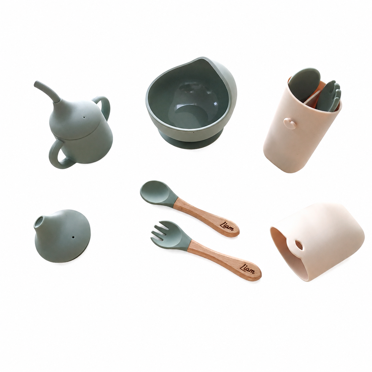 NARA First Bites silicone mealtime set in Sage Green — suction bowl, training cup with sippy lid, cutlery case and personalised wooden spoon and fork on white background