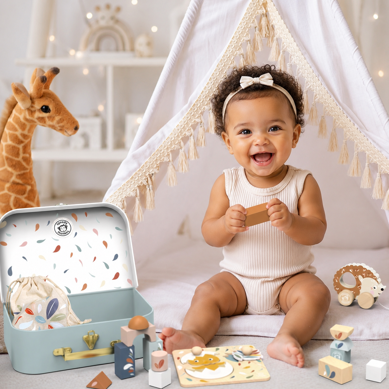 Smiling baby playing with Speedy Monkey My First Toy Box — wooden toy set including pull-along hedgehog, chick puzzle and building blocks, FSC certified personalised baby gift by NARA